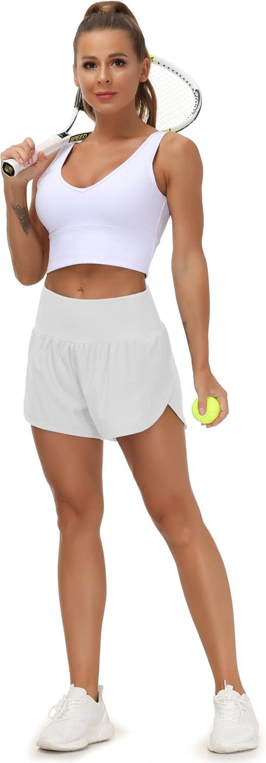 imageTHE GYM PEOPLE Womens High Waisted Running Shorts Quick Dry Athletic Workout Shorts with Mesh Liner Zipper PocketsBright Grey