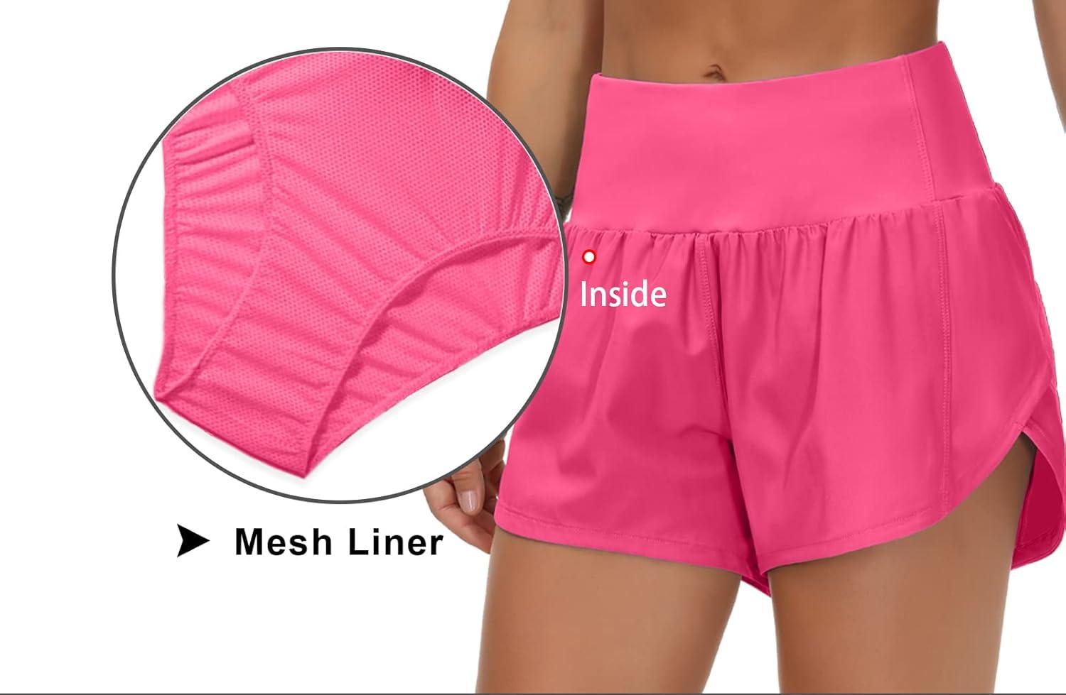 imageTHE GYM PEOPLE Womens High Waisted Running Shorts Quick Dry Athletic Workout Shorts with Mesh Liner Zipper PocketsBright Pink
