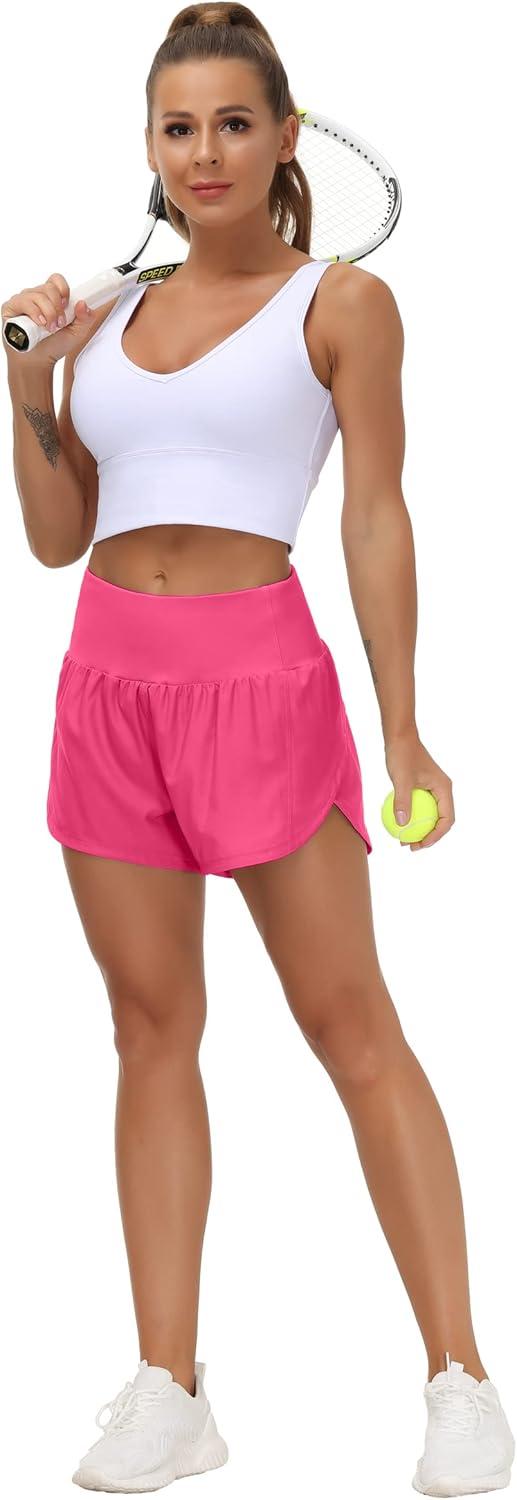 imageTHE GYM PEOPLE Womens High Waisted Running Shorts Quick Dry Athletic Workout Shorts with Mesh Liner Zipper PocketsBright Pink