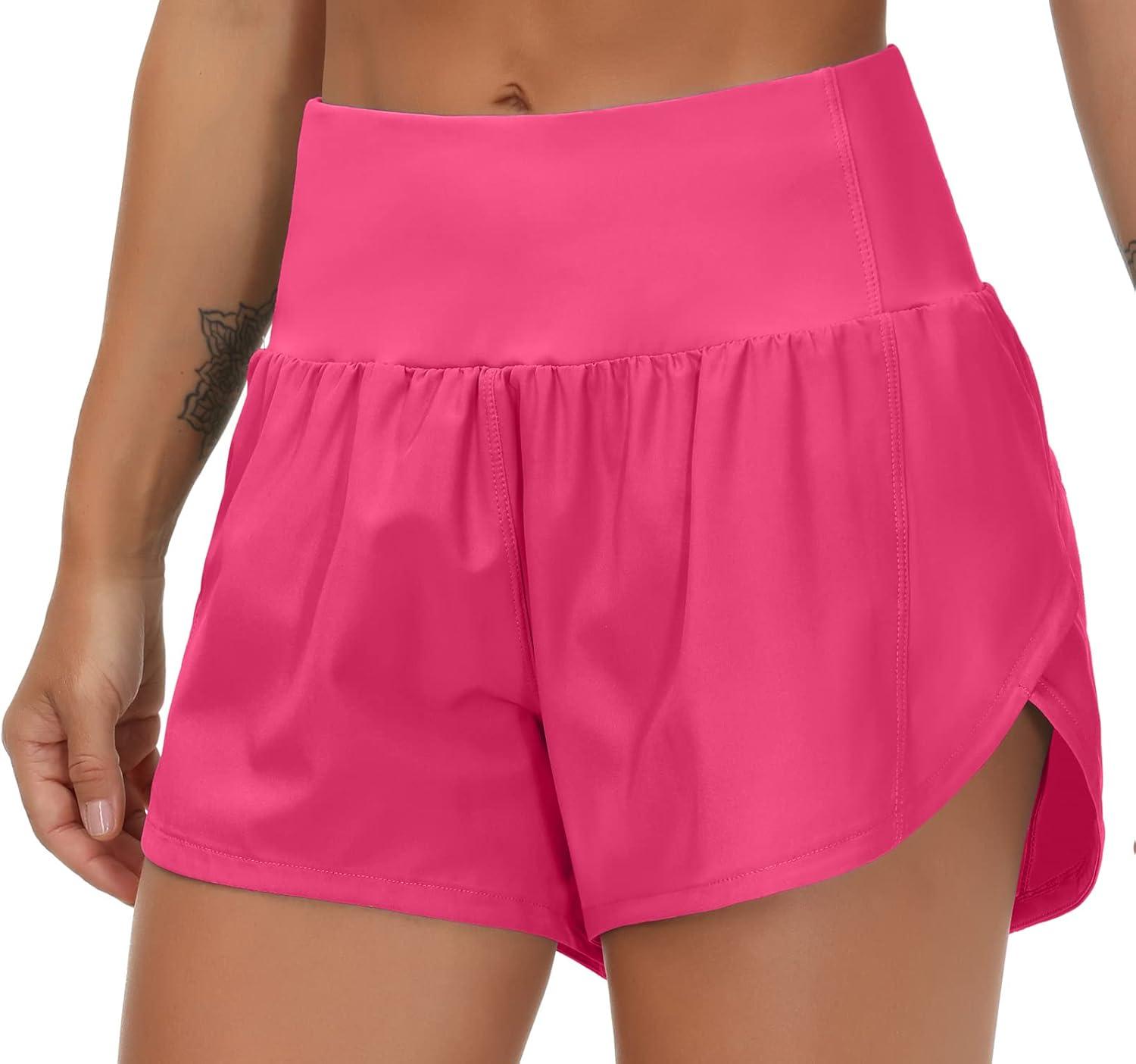 imageTHE GYM PEOPLE Womens High Waisted Running Shorts Quick Dry Athletic Workout Shorts with Mesh Liner Zipper PocketsBright Pink