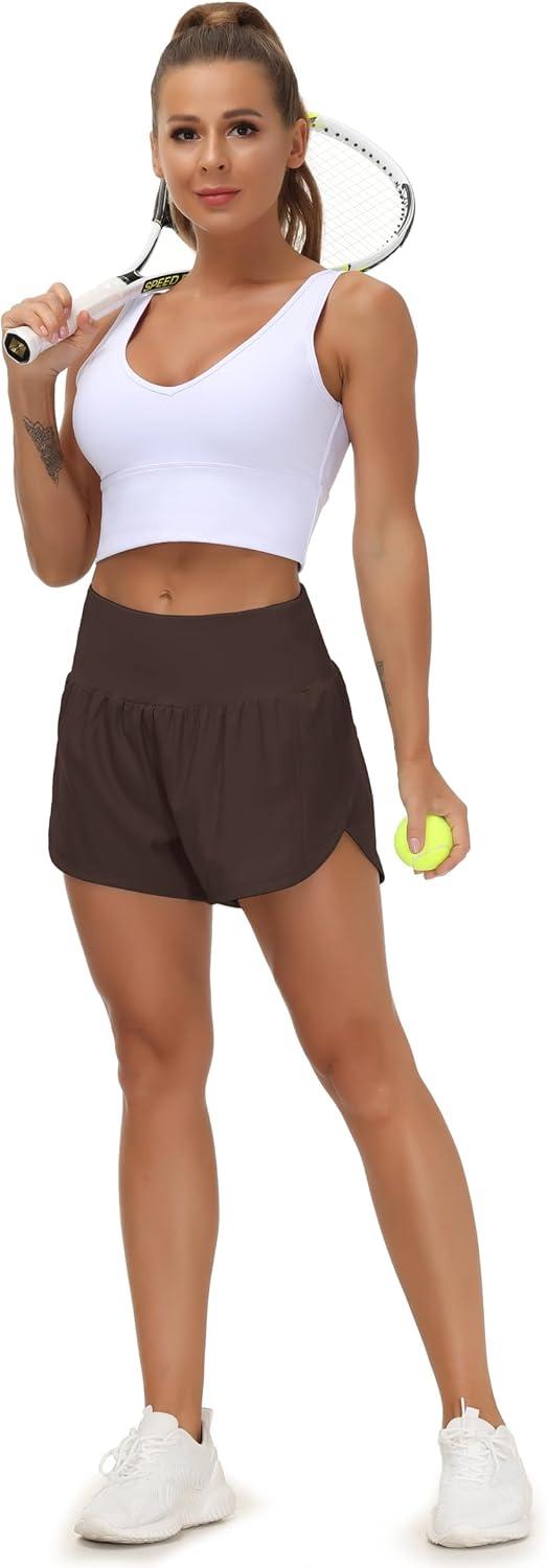 imageTHE GYM PEOPLE Womens High Waisted Running Shorts Quick Dry Athletic Workout Shorts with Mesh Liner Zipper PocketsBrown
