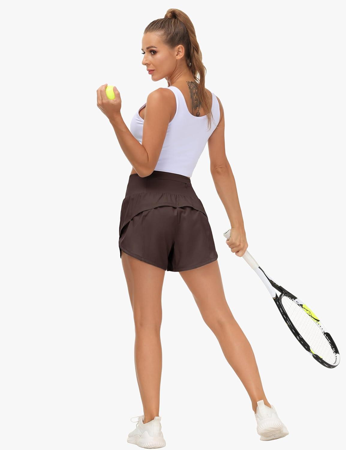 imageTHE GYM PEOPLE Womens High Waisted Running Shorts Quick Dry Athletic Workout Shorts with Mesh Liner Zipper PocketsBrown