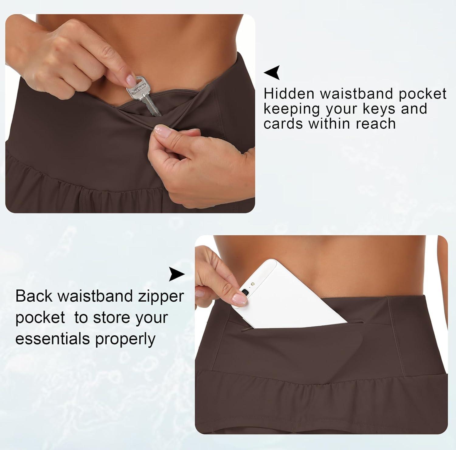 imageTHE GYM PEOPLE Womens High Waisted Running Shorts Quick Dry Athletic Workout Shorts with Mesh Liner Zipper PocketsBrown