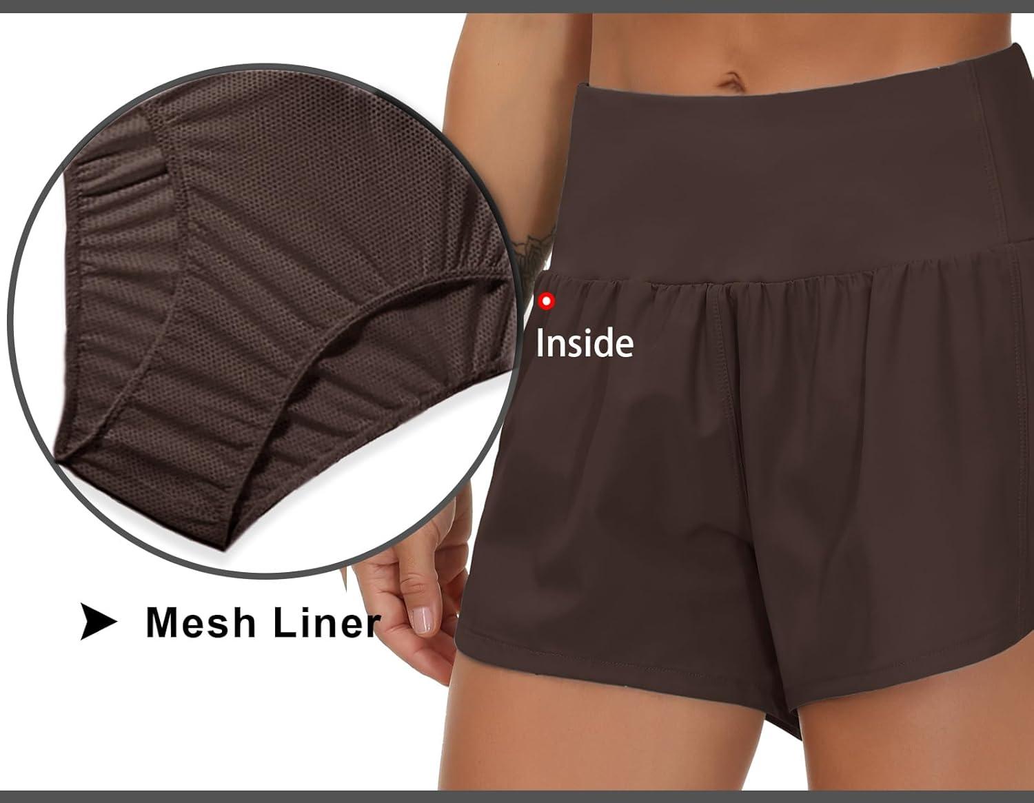 imageTHE GYM PEOPLE Womens High Waisted Running Shorts Quick Dry Athletic Workout Shorts with Mesh Liner Zipper PocketsBrown