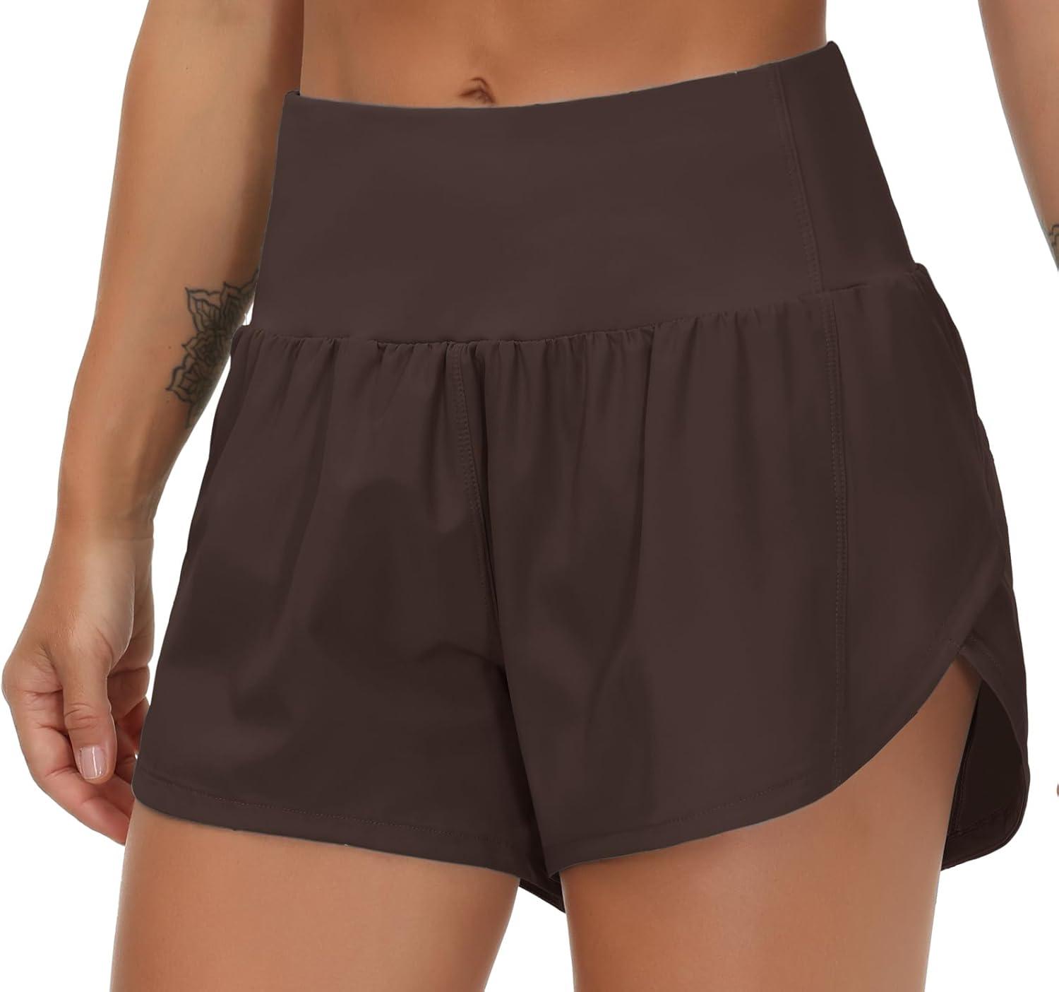 imageTHE GYM PEOPLE Womens High Waisted Running Shorts Quick Dry Athletic Workout Shorts with Mesh Liner Zipper PocketsBrown