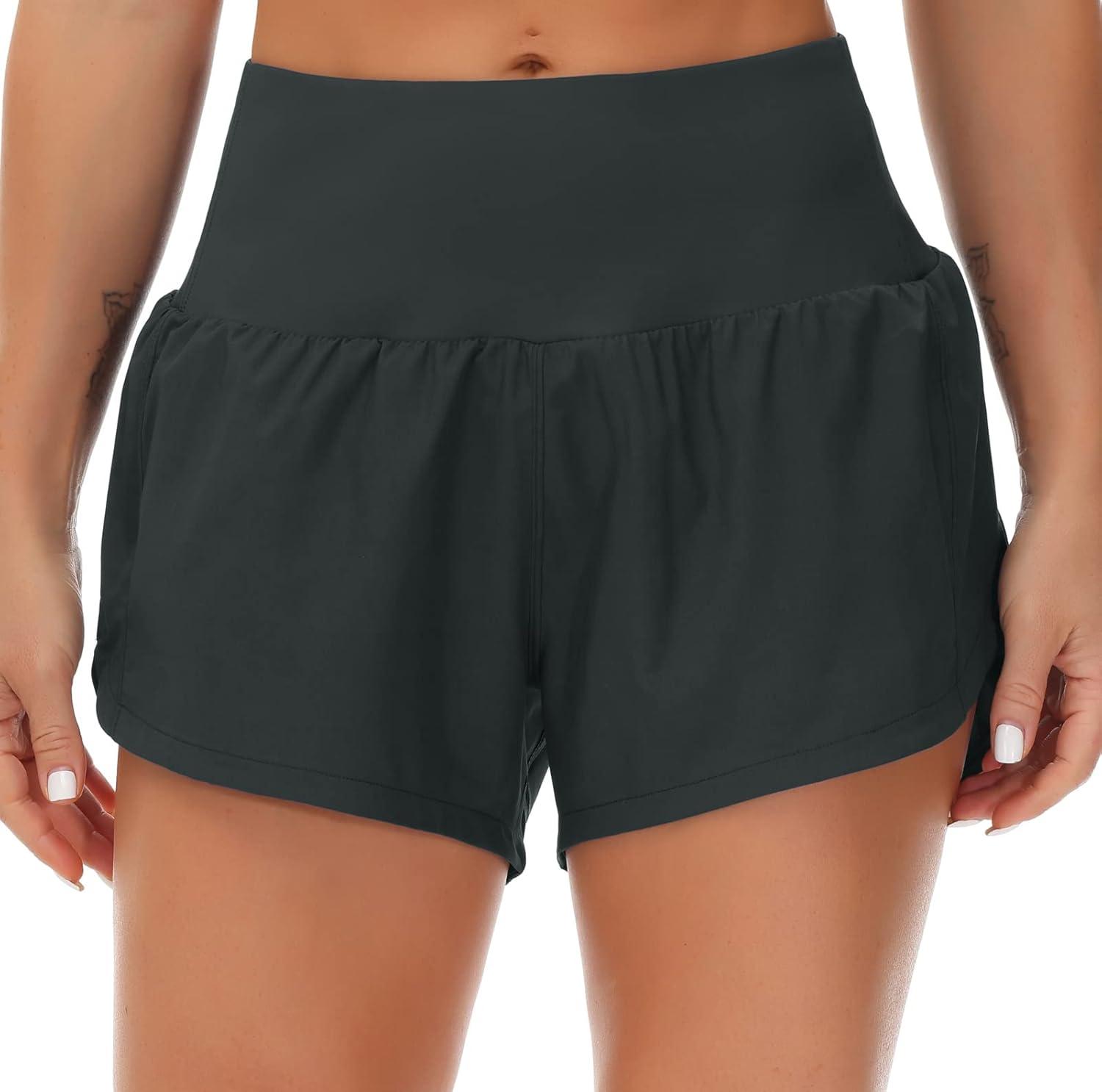 imageTHE GYM PEOPLE Womens High Waisted Running Shorts Quick Dry Athletic Workout Shorts with Mesh Liner Zipper PocketsCharcoal Grey