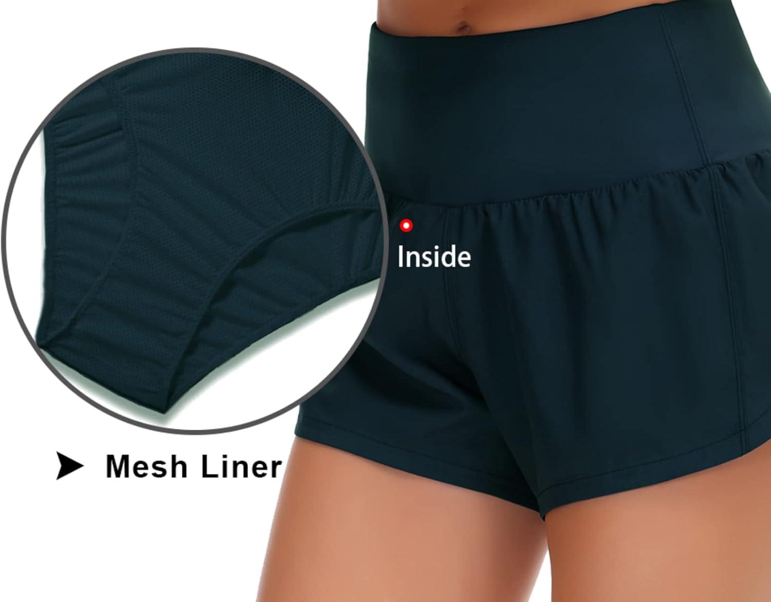 imageTHE GYM PEOPLE Womens High Waisted Running Shorts Quick Dry Athletic Workout Shorts with Mesh Liner Zipper PocketsDark Blue Green