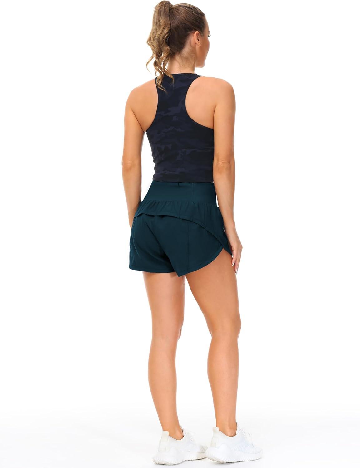 imageTHE GYM PEOPLE Womens High Waisted Running Shorts Quick Dry Athletic Workout Shorts with Mesh Liner Zipper PocketsDark Blue Green