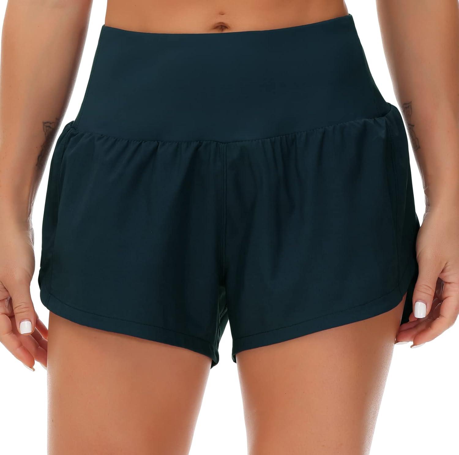 imageTHE GYM PEOPLE Womens High Waisted Running Shorts Quick Dry Athletic Workout Shorts with Mesh Liner Zipper PocketsDark Blue Green