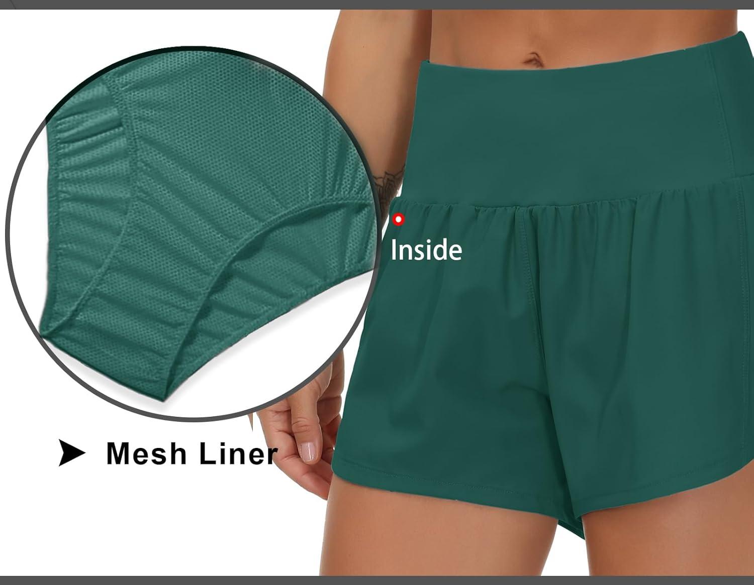 imageTHE GYM PEOPLE Womens High Waisted Running Shorts Quick Dry Athletic Workout Shorts with Mesh Liner Zipper PocketsDark Green