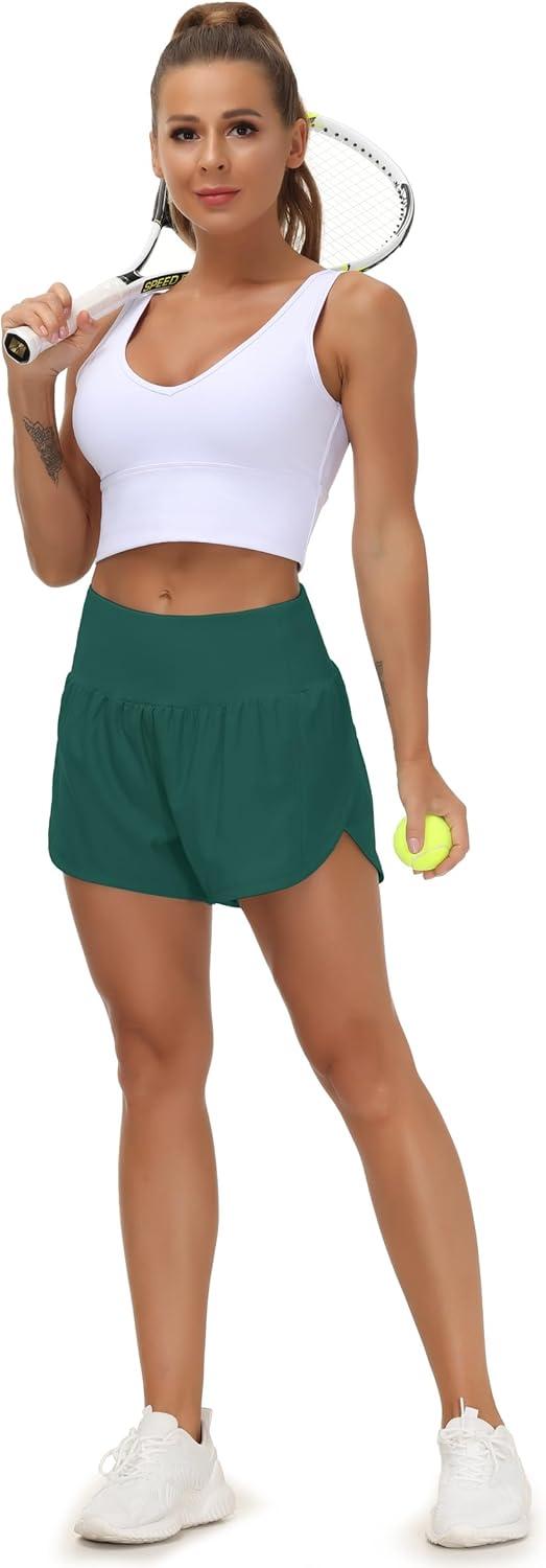 imageTHE GYM PEOPLE Womens High Waisted Running Shorts Quick Dry Athletic Workout Shorts with Mesh Liner Zipper PocketsDark Green