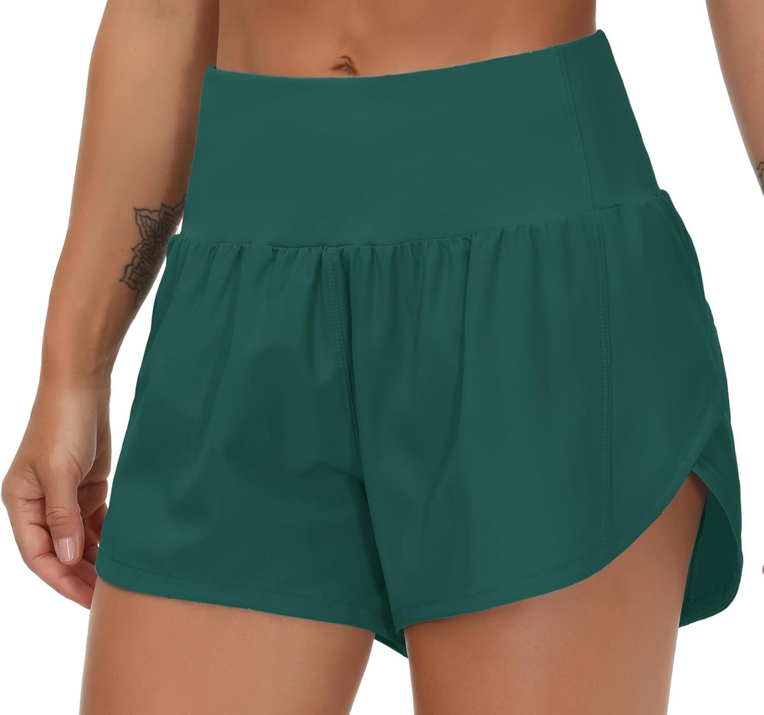 imageTHE GYM PEOPLE Womens High Waisted Running Shorts Quick Dry Athletic Workout Shorts with Mesh Liner Zipper PocketsDark Green