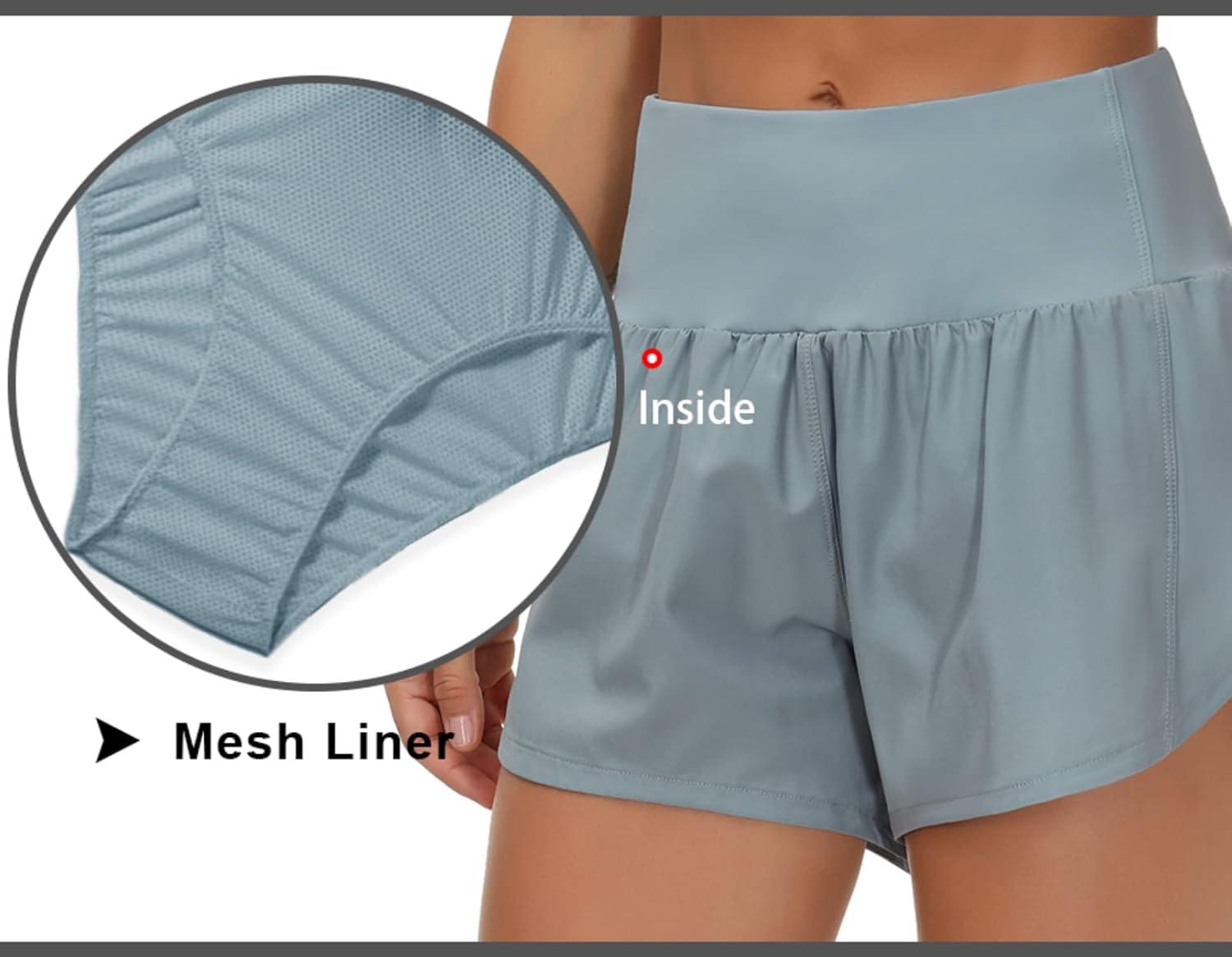 imageTHE GYM PEOPLE Womens High Waisted Running Shorts Quick Dry Athletic Workout Shorts with Mesh Liner Zipper PocketsDenim Blue
