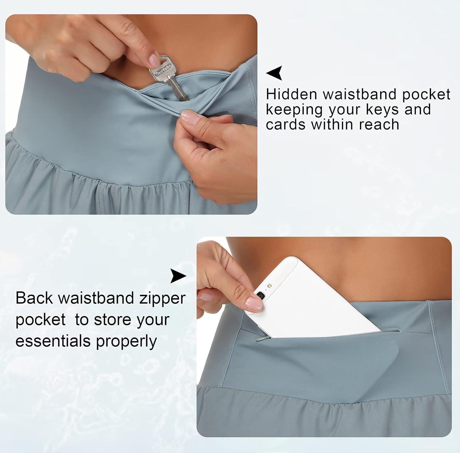 imageTHE GYM PEOPLE Womens High Waisted Running Shorts Quick Dry Athletic Workout Shorts with Mesh Liner Zipper PocketsDenim Blue