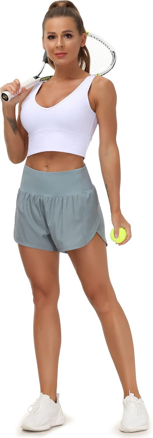 imageTHE GYM PEOPLE Womens High Waisted Running Shorts Quick Dry Athletic Workout Shorts with Mesh Liner Zipper PocketsDenim Blue