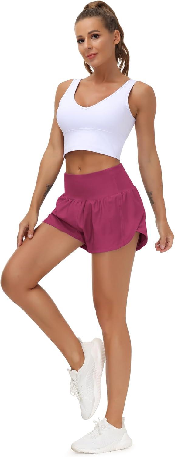 imageTHE GYM PEOPLE Womens High Waisted Running Shorts Quick Dry Athletic Workout Shorts with Mesh Liner Zipper PocketsFuchsia