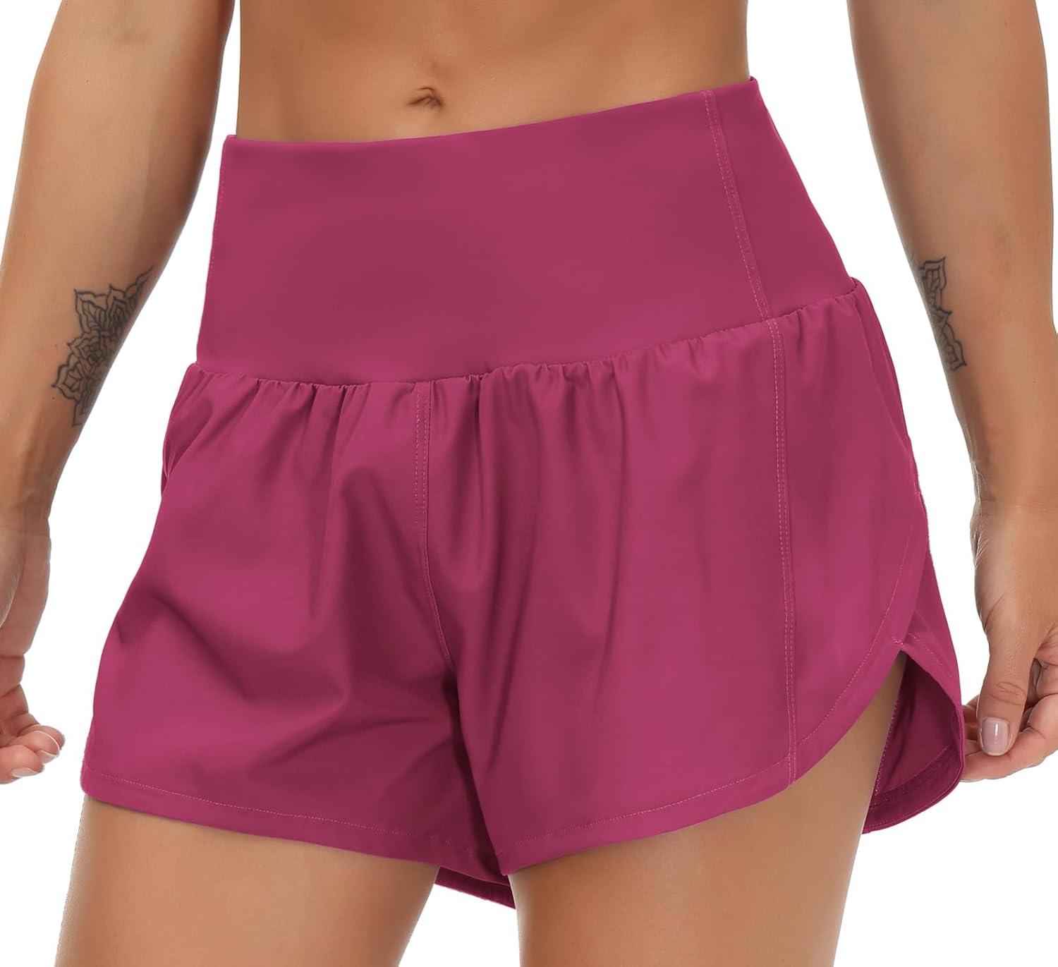 imageTHE GYM PEOPLE Womens High Waisted Running Shorts Quick Dry Athletic Workout Shorts with Mesh Liner Zipper PocketsFuchsia