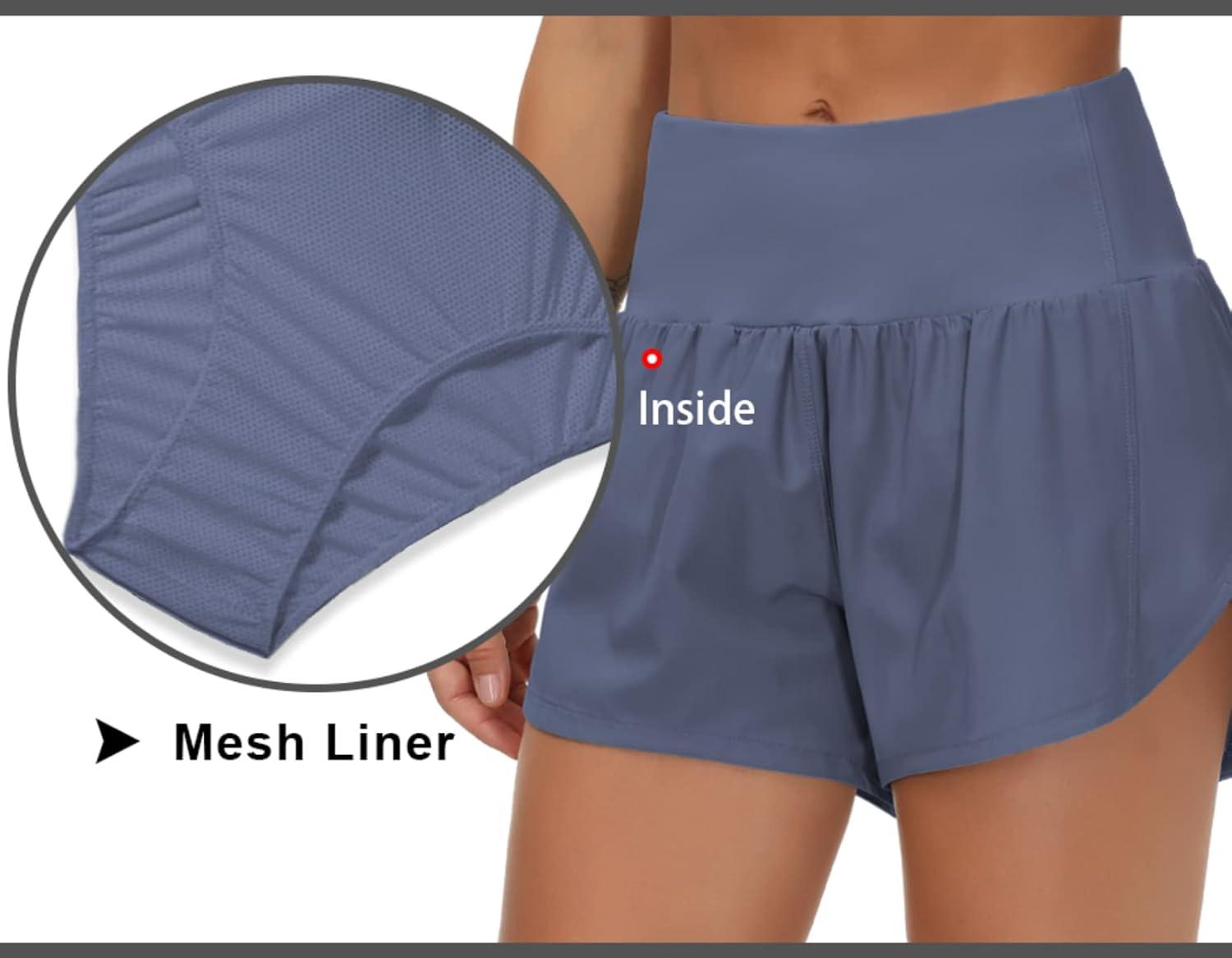 imageTHE GYM PEOPLE Womens High Waisted Running Shorts Quick Dry Athletic Workout Shorts with Mesh Liner Zipper PocketsInk Blue