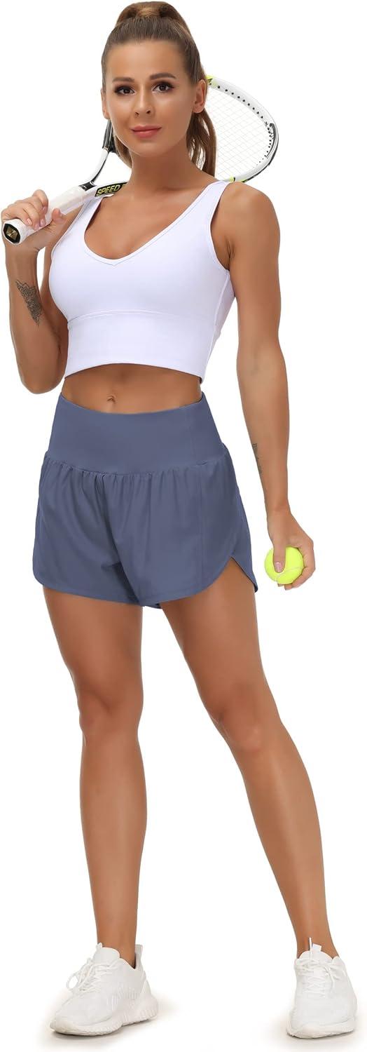 imageTHE GYM PEOPLE Womens High Waisted Running Shorts Quick Dry Athletic Workout Shorts with Mesh Liner Zipper PocketsInk Blue