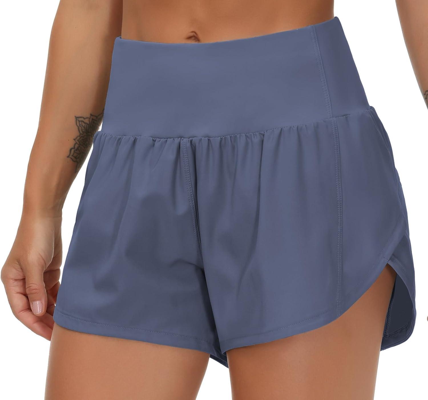 imageTHE GYM PEOPLE Womens High Waisted Running Shorts Quick Dry Athletic Workout Shorts with Mesh Liner Zipper PocketsInk Blue