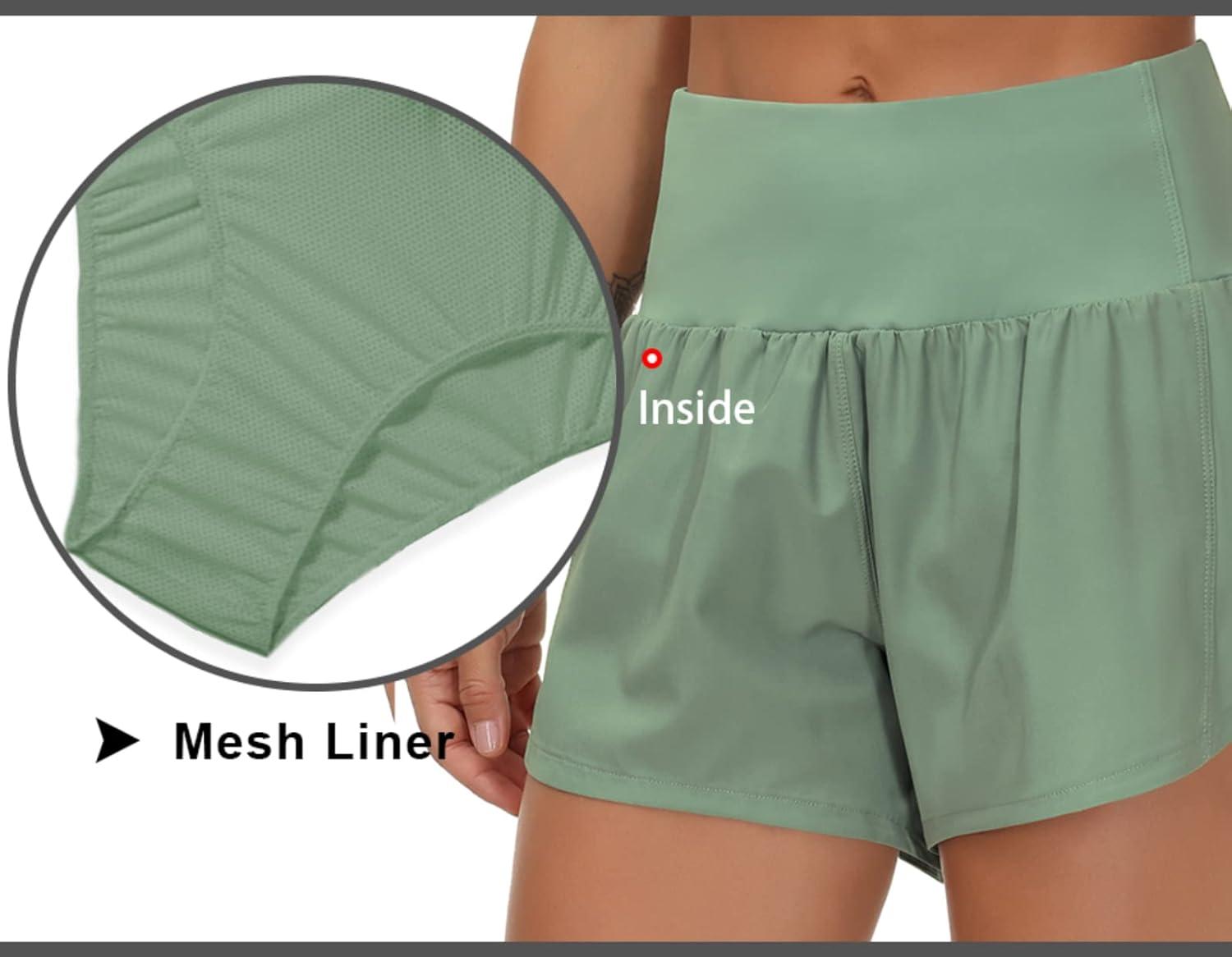 imageTHE GYM PEOPLE Womens High Waisted Running Shorts Quick Dry Athletic Workout Shorts with Mesh Liner Zipper PocketsJasmine Green
