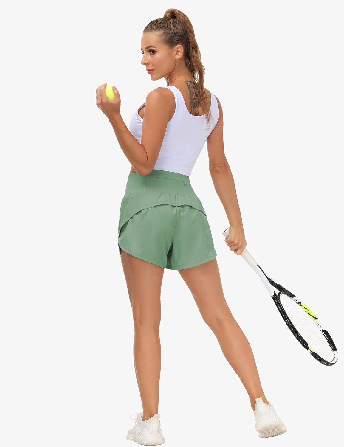 imageTHE GYM PEOPLE Womens High Waisted Running Shorts Quick Dry Athletic Workout Shorts with Mesh Liner Zipper PocketsJasmine Green