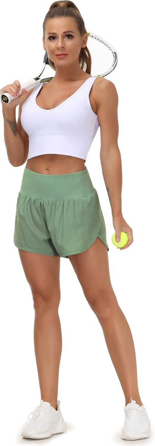 imageTHE GYM PEOPLE Womens High Waisted Running Shorts Quick Dry Athletic Workout Shorts with Mesh Liner Zipper PocketsJasmine Green
