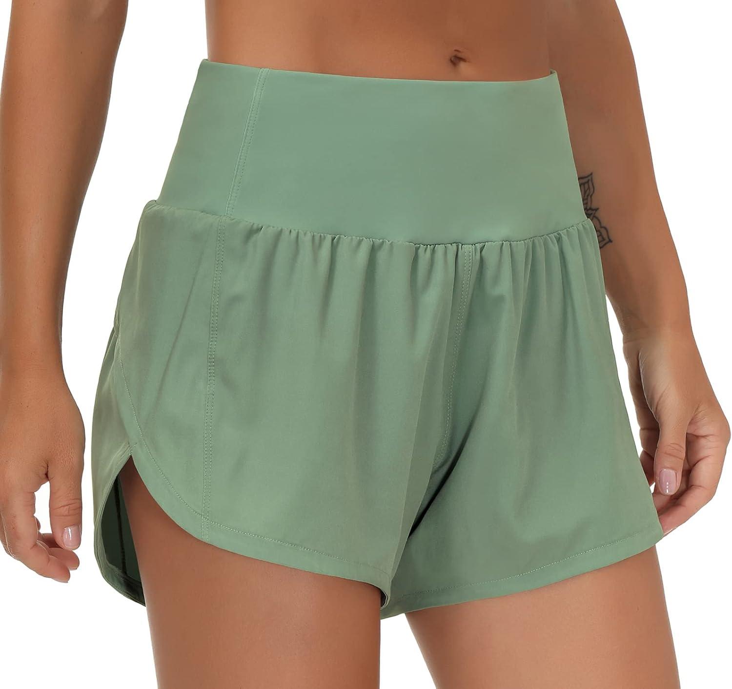 imageTHE GYM PEOPLE Womens High Waisted Running Shorts Quick Dry Athletic Workout Shorts with Mesh Liner Zipper PocketsJasmine Green