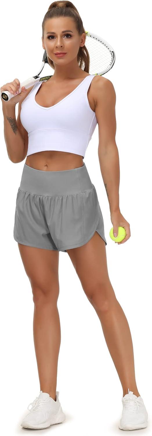 imageTHE GYM PEOPLE Womens High Waisted Running Shorts Quick Dry Athletic Workout Shorts with Mesh Liner Zipper PocketsLavender Grey