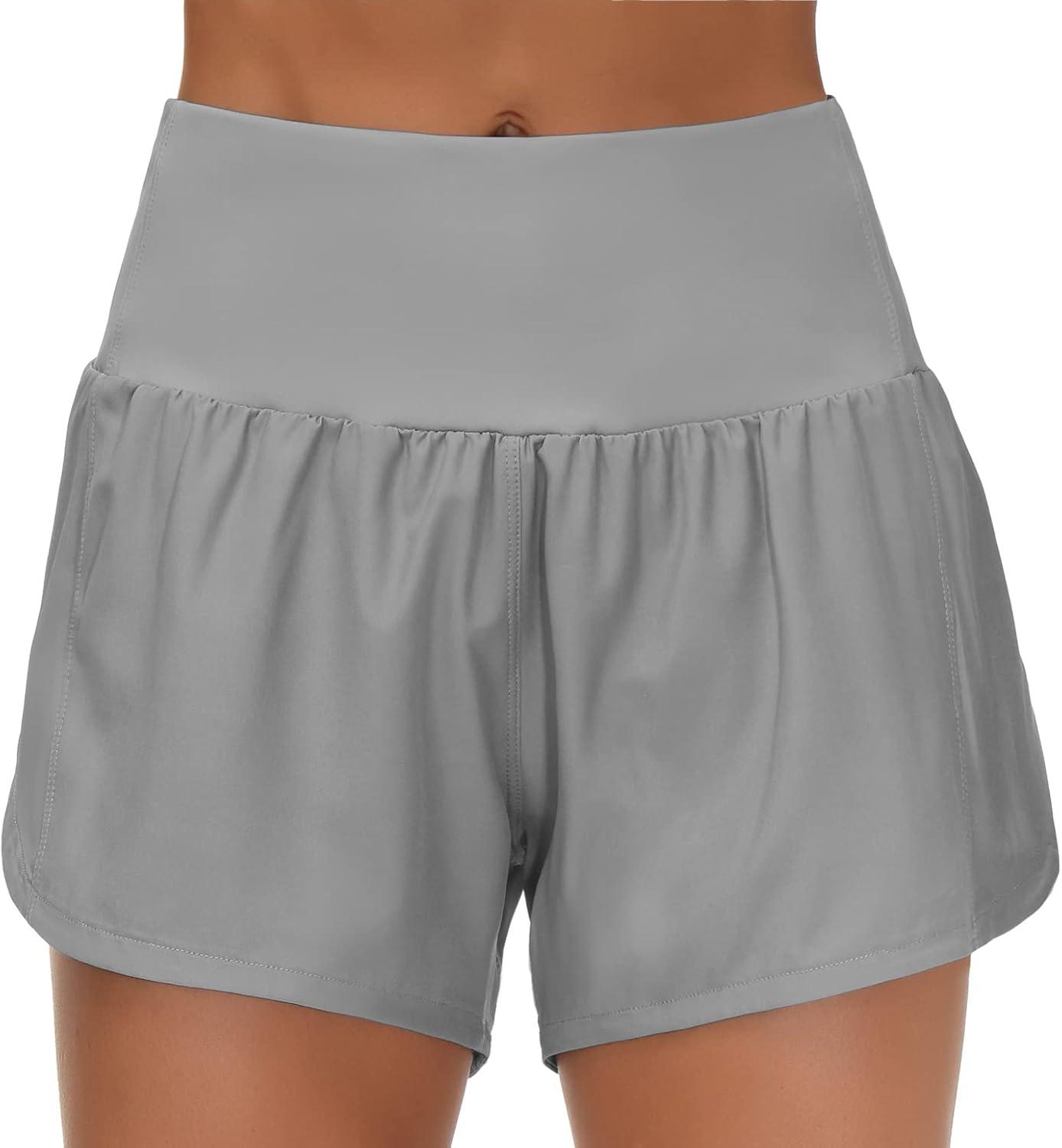 imageTHE GYM PEOPLE Womens High Waisted Running Shorts Quick Dry Athletic Workout Shorts with Mesh Liner Zipper PocketsLavender Grey