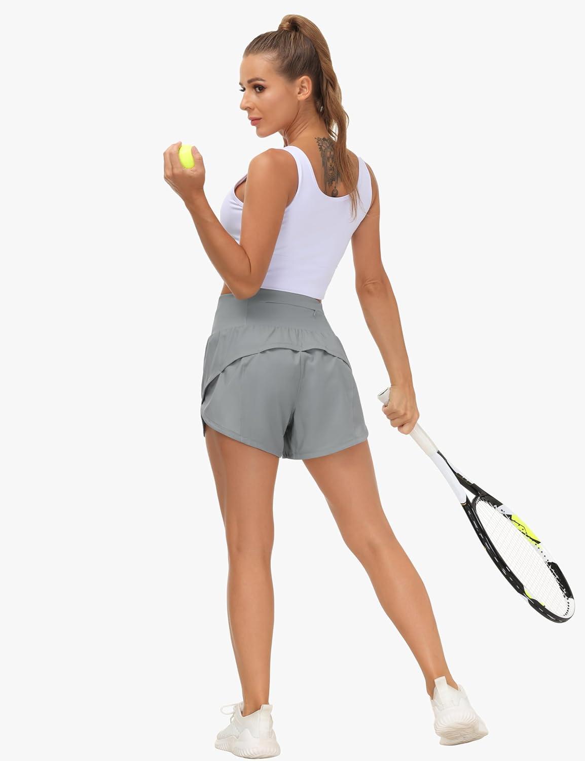 imageTHE GYM PEOPLE Womens High Waisted Running Shorts Quick Dry Athletic Workout Shorts with Mesh Liner Zipper PocketsLavender Grey