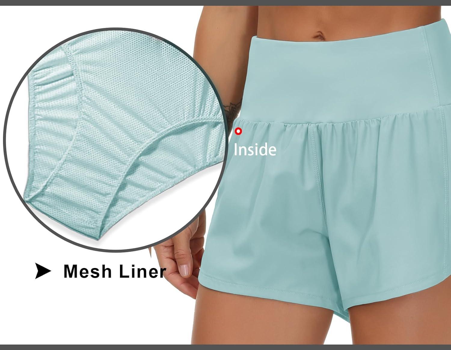 imageTHE GYM PEOPLE Womens High Waisted Running Shorts Quick Dry Athletic Workout Shorts with Mesh Liner Zipper PocketsLight Blue