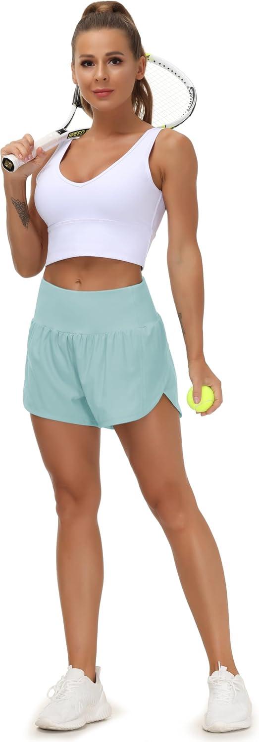 imageTHE GYM PEOPLE Womens High Waisted Running Shorts Quick Dry Athletic Workout Shorts with Mesh Liner Zipper PocketsLight Blue