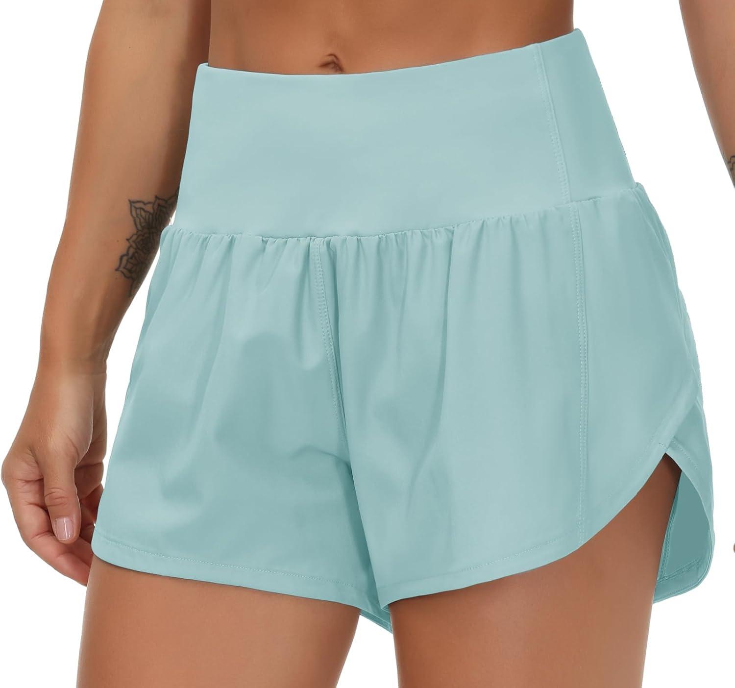 imageTHE GYM PEOPLE Womens High Waisted Running Shorts Quick Dry Athletic Workout Shorts with Mesh Liner Zipper PocketsLight Blue