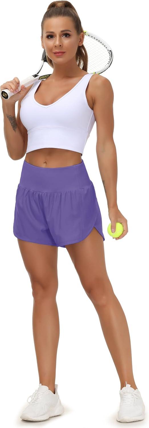 imageTHE GYM PEOPLE Womens High Waisted Running Shorts Quick Dry Athletic Workout Shorts with Mesh Liner Zipper PocketsLight Purple
