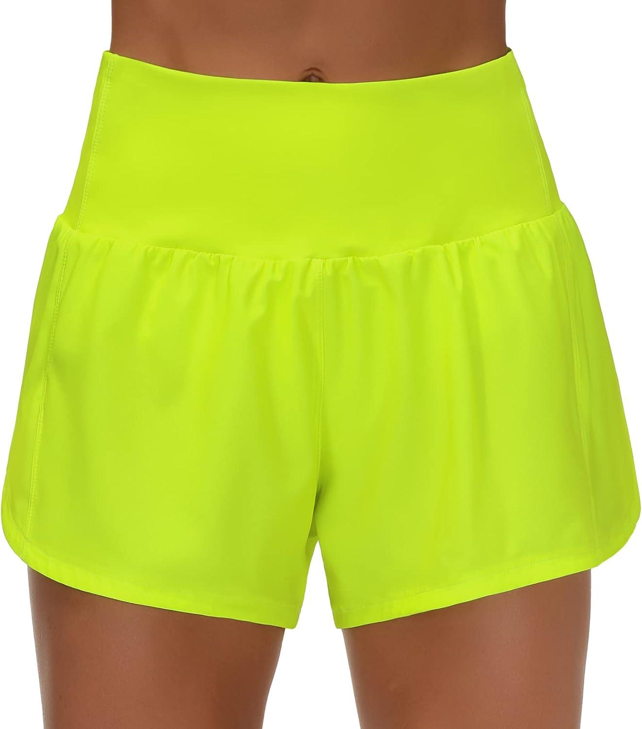 imageTHE GYM PEOPLE Womens High Waisted Running Shorts Quick Dry Athletic Workout Shorts with Mesh Liner Zipper PocketsLight Yellow