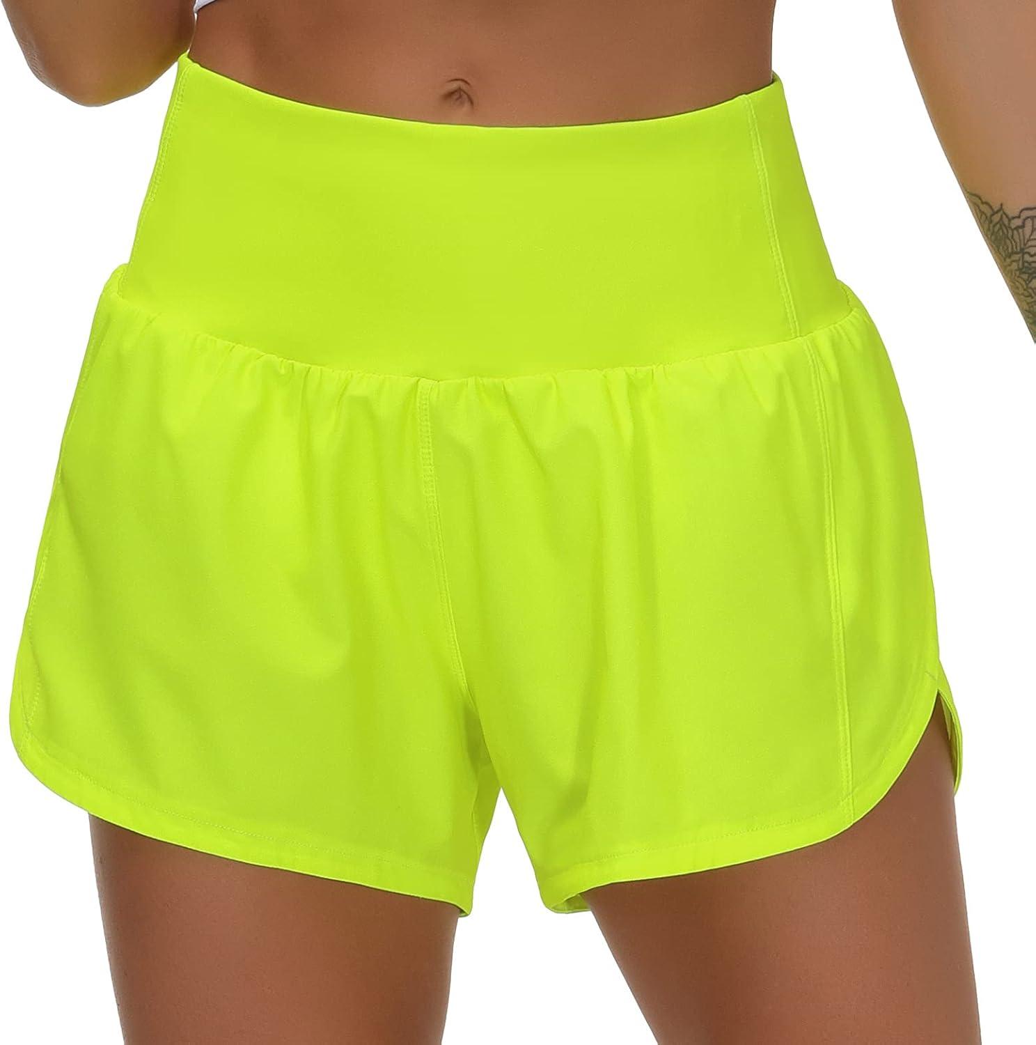 imageTHE GYM PEOPLE Womens High Waisted Running Shorts Quick Dry Athletic Workout Shorts with Mesh Liner Zipper PocketsLight Yellow