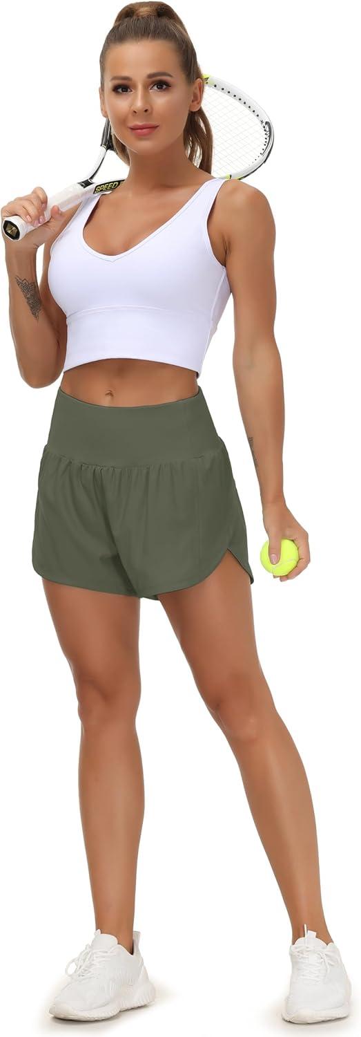 imageTHE GYM PEOPLE Womens High Waisted Running Shorts Quick Dry Athletic Workout Shorts with Mesh Liner Zipper PocketsOlive Green