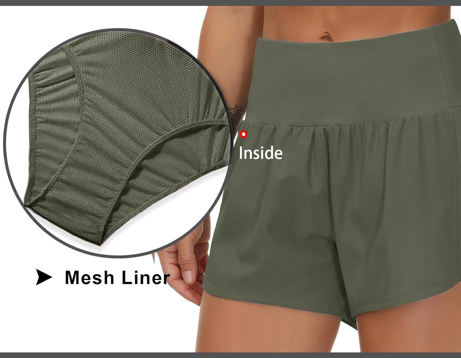 imageTHE GYM PEOPLE Womens High Waisted Running Shorts Quick Dry Athletic Workout Shorts with Mesh Liner Zipper PocketsOlive Green