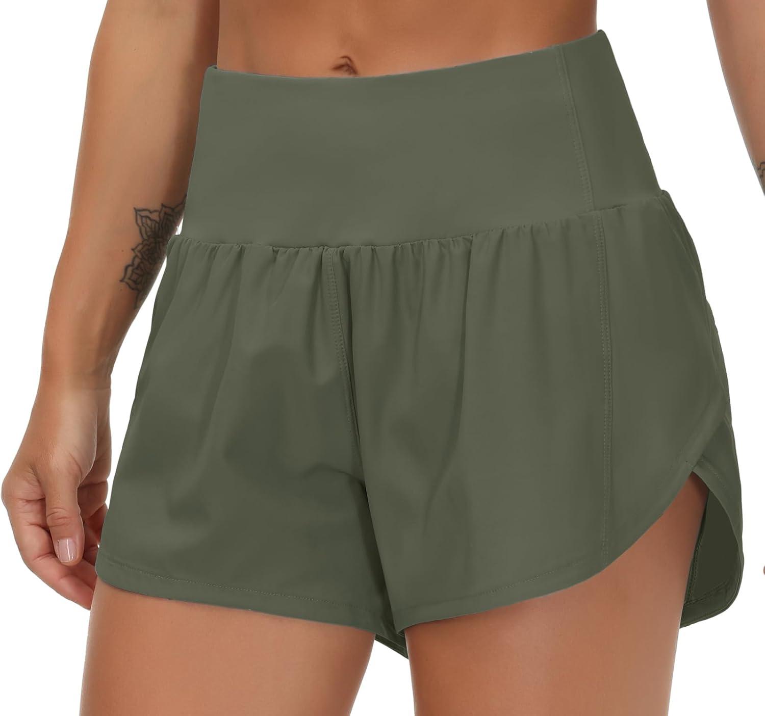imageTHE GYM PEOPLE Womens High Waisted Running Shorts Quick Dry Athletic Workout Shorts with Mesh Liner Zipper PocketsOlive Green