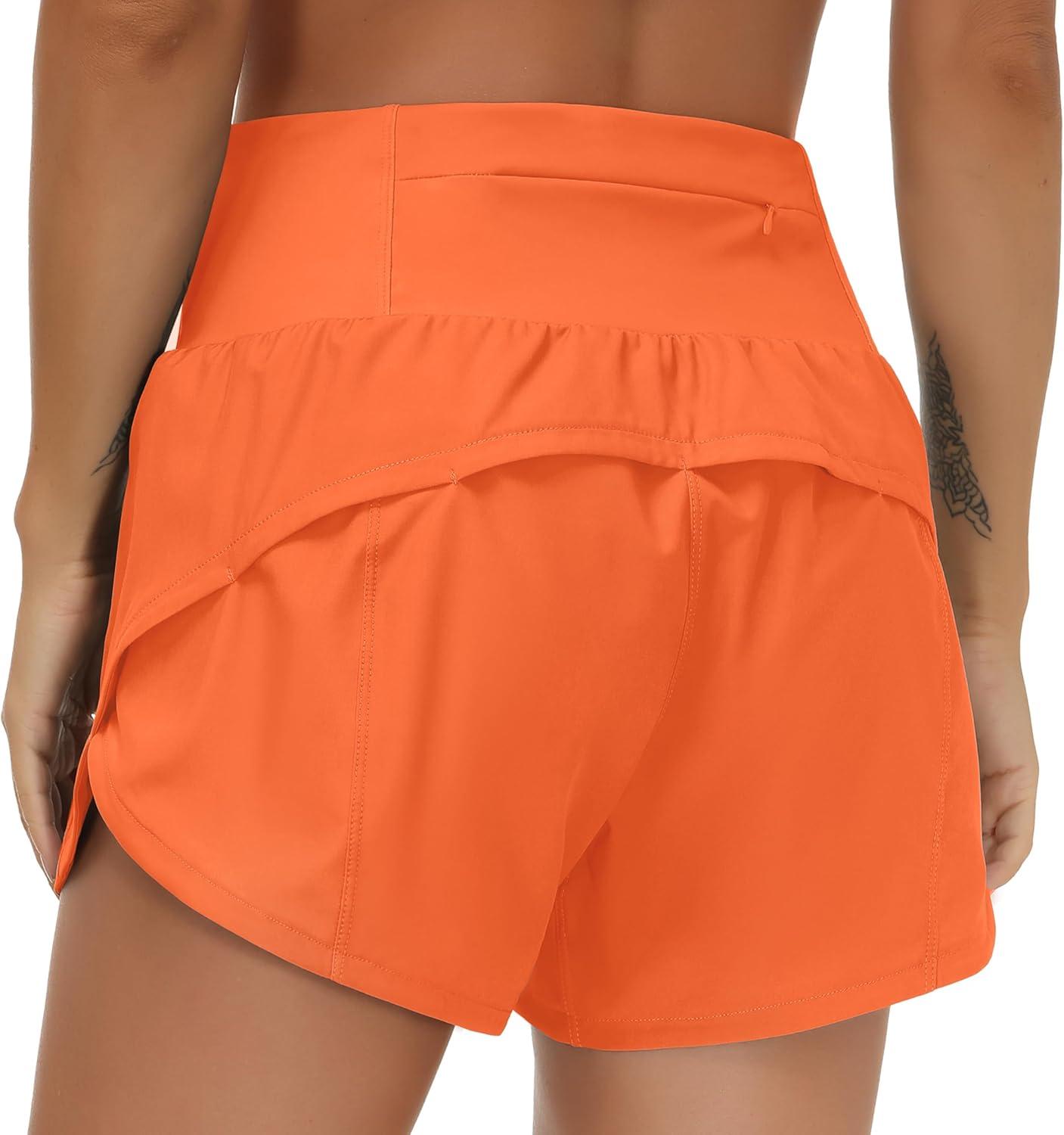 imageTHE GYM PEOPLE Womens High Waisted Running Shorts Quick Dry Athletic Workout Shorts with Mesh Liner Zipper PocketsOrange