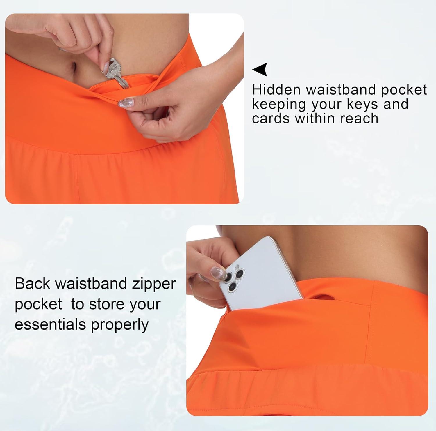 imageTHE GYM PEOPLE Womens High Waisted Running Shorts Quick Dry Athletic Workout Shorts with Mesh Liner Zipper PocketsOrange