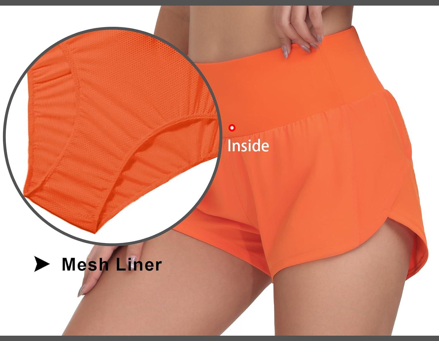 imageTHE GYM PEOPLE Womens High Waisted Running Shorts Quick Dry Athletic Workout Shorts with Mesh Liner Zipper PocketsOrange