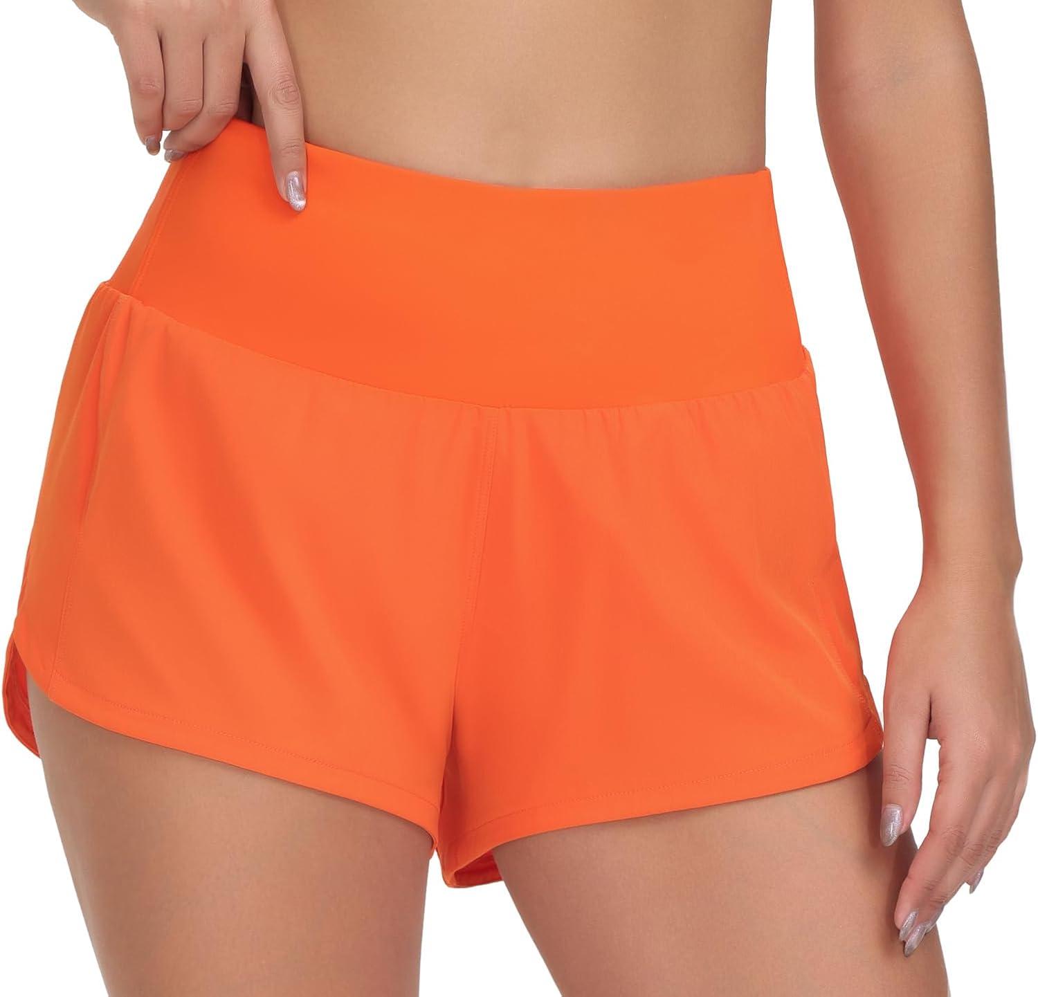 imageTHE GYM PEOPLE Womens High Waisted Running Shorts Quick Dry Athletic Workout Shorts with Mesh Liner Zipper PocketsOrange