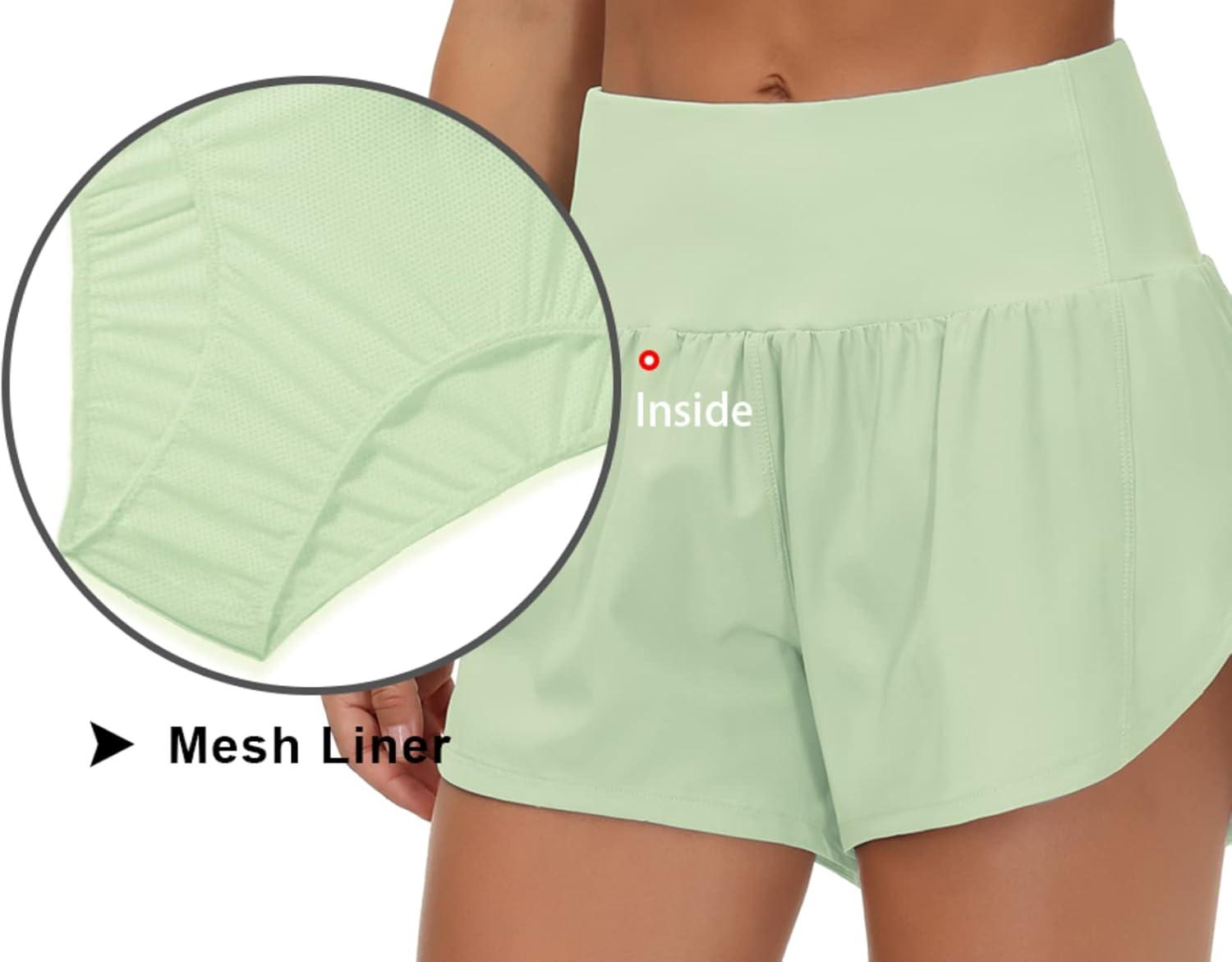 imageTHE GYM PEOPLE Womens High Waisted Running Shorts Quick Dry Athletic Workout Shorts with Mesh Liner Zipper PocketsPale Green
