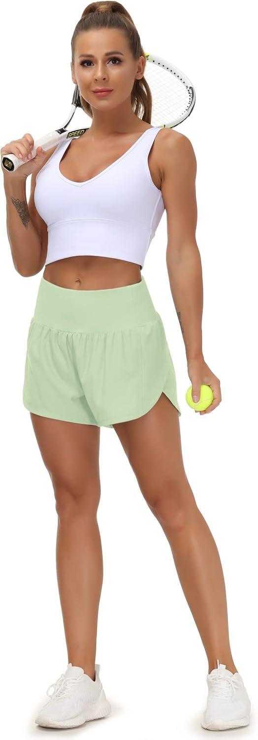 imageTHE GYM PEOPLE Womens High Waisted Running Shorts Quick Dry Athletic Workout Shorts with Mesh Liner Zipper PocketsPale Green