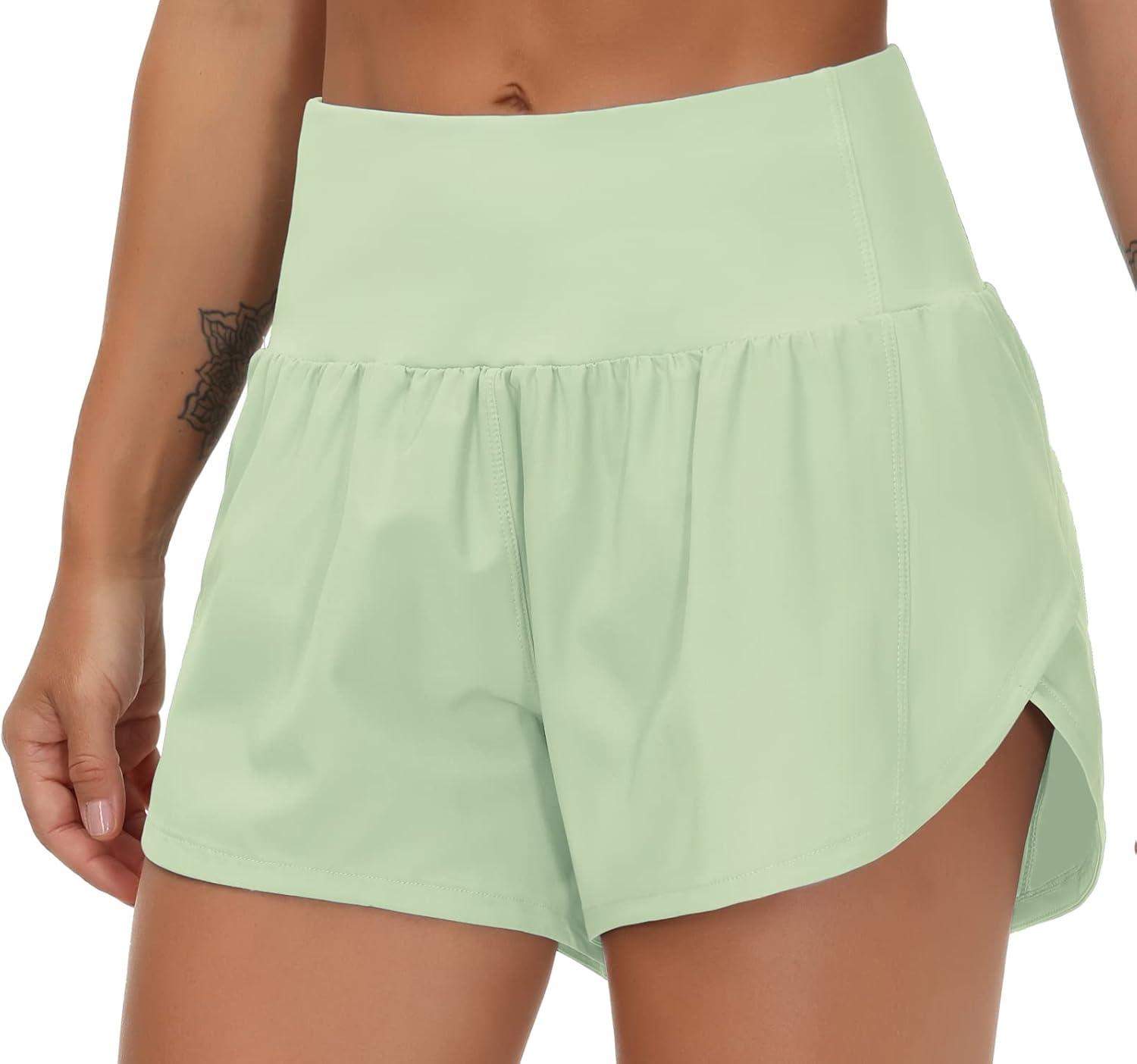 imageTHE GYM PEOPLE Womens High Waisted Running Shorts Quick Dry Athletic Workout Shorts with Mesh Liner Zipper PocketsPale Green