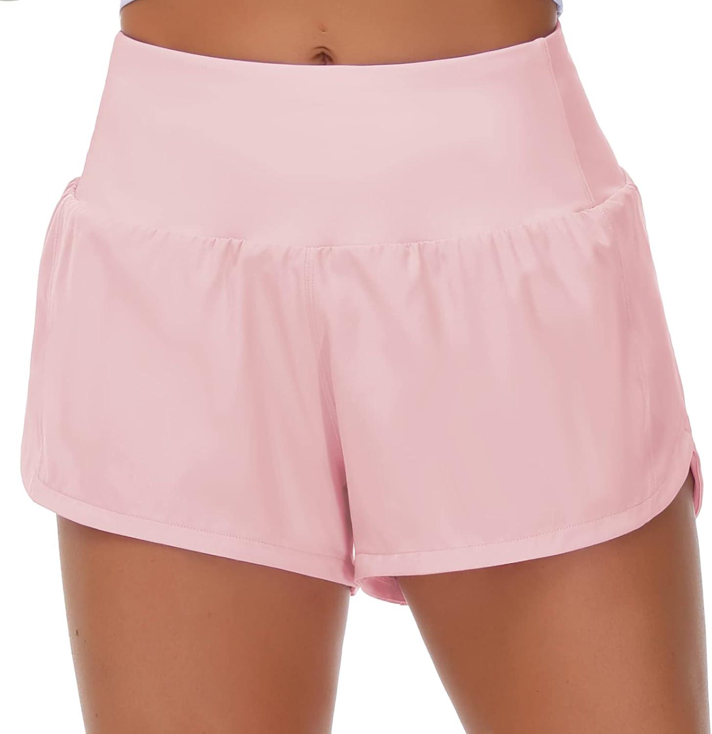 imageTHE GYM PEOPLE Womens High Waisted Running Shorts Quick Dry Athletic Workout Shorts with Mesh Liner Zipper PocketsPink
