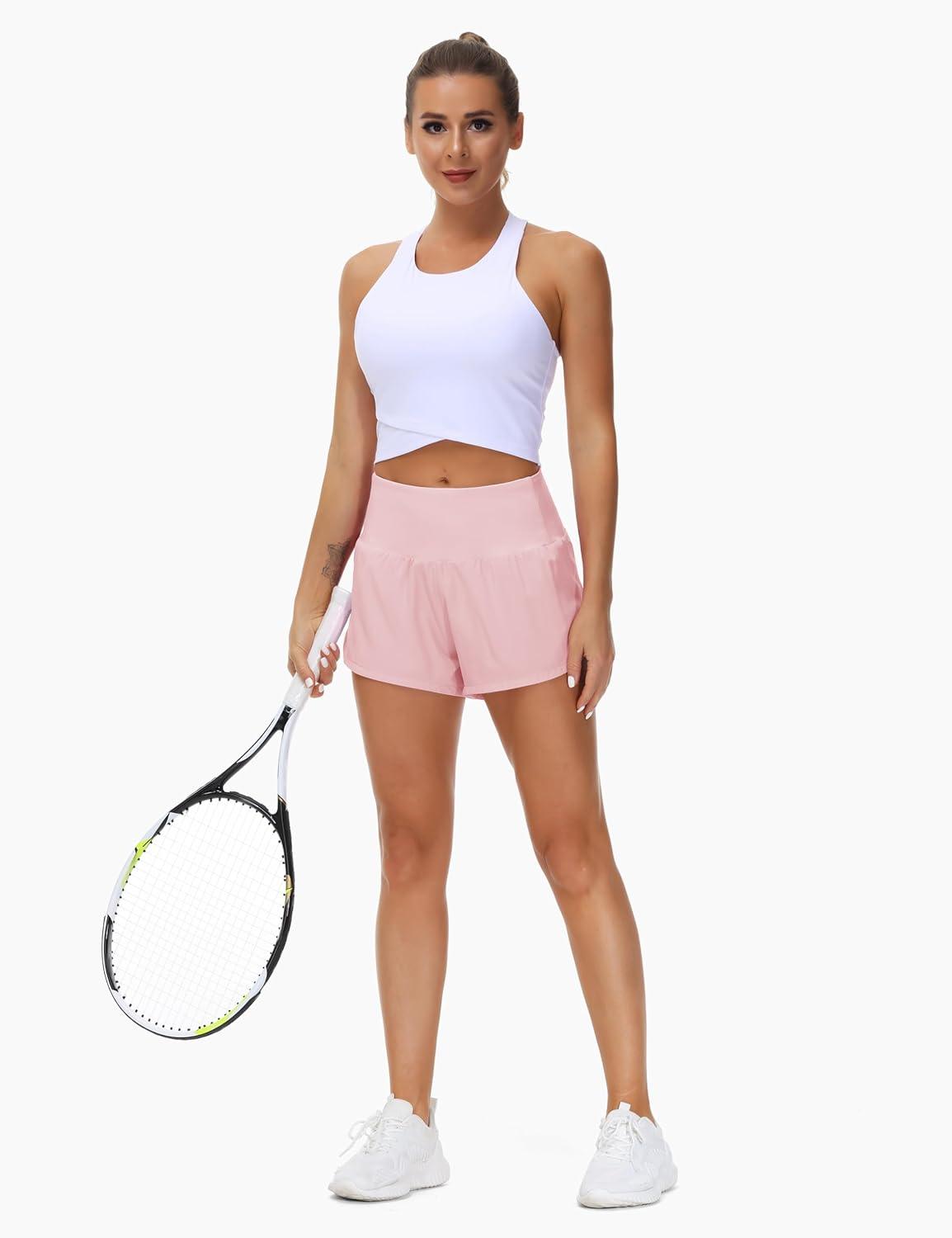 imageTHE GYM PEOPLE Womens High Waisted Running Shorts Quick Dry Athletic Workout Shorts with Mesh Liner Zipper PocketsPink