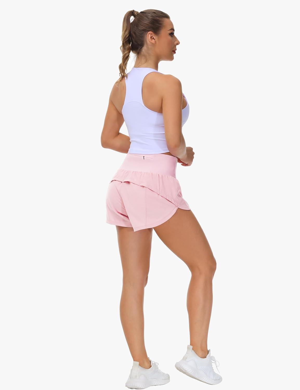 imageTHE GYM PEOPLE Womens High Waisted Running Shorts Quick Dry Athletic Workout Shorts with Mesh Liner Zipper PocketsPink